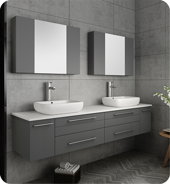 Fresca Lucera 72" Gray Wall Hung Double Vessel Sink Modern Bathroom Vanity w/ Medicine Cabinets