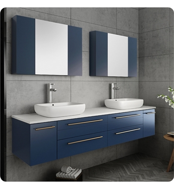 Fresca Lucera 72" Blue Wall Hung Double Vessel Sink Modern Bathroom Vanity w/ Medicine Cabinets