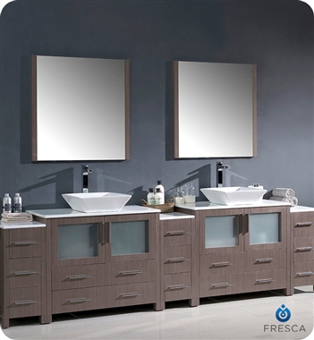 Fresca Torino 108" Gray Oak Modern Double Sink Bathroom Vanity with 3 Side Cabinets and Vessel Sinks