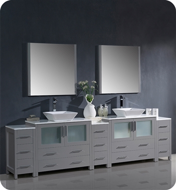 Fresca Torino 108" Grey Modern Double Sink Bathroom Vanity with 3 Side Cabinets and Vessel Sinks