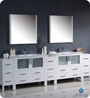 Fresca Torino 108" White Modern Double Sink Bathroom Vanity with 3 Side Cabinets and Integrated Sinks