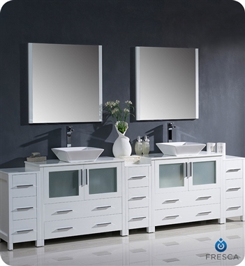 Fresca Torino 108" White Modern Double Sink Bathroom Vanity with 3 Side Cabinets and Vessel Sinks