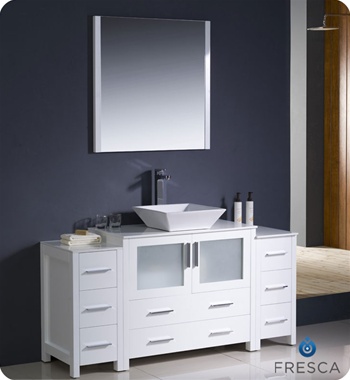 Fresca Torino 60" White Modern Bathroom Vanity w/ 2 Side Cabinets & Vessel Sink