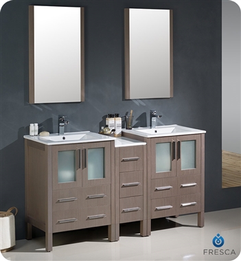 Fresca Torino 60" Gray Oak Modern Double Sink Bathroom Vanity with Side Cabinet and Integrated Sinks