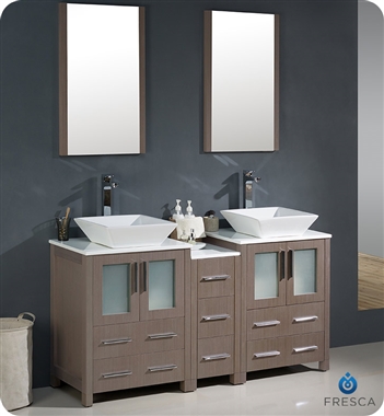 Fresca Torino 60" Gray Oak Modern Double Sink Bathroom Vanity with Side Cabinet and Vessel Sinks