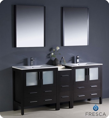 Fresca Torino 72" Espresso Modern Double Sink Bathroom Vanity w/ Side Cabinet & Integrated Sinks