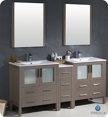 Fresca Torino 72" Gray Oak Modern Double Sink Bathroom Vanity with Side Cabinet and Integrated Sinks