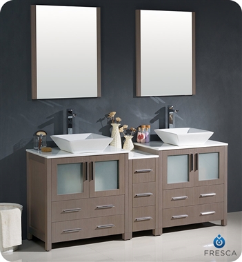 Fresca Torino 72" Gray Oak Modern Double Sink Bathroom Vanity with Side Cabinet and Vessel Sinks