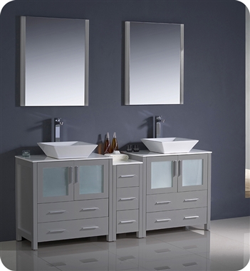 Fresca Torino 72" Grey Modern Double Sink Bathroom Vanity with Side Cabinet and Vessel Sinks