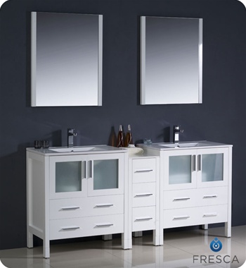 Fresca Torino 72" White Modern Double Sink Bathroom Vanity w/ Side Cabinet & Integrated Sinks