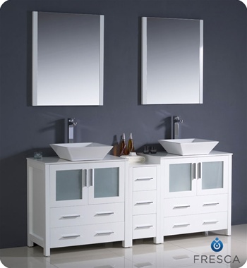 Fresca Torino 72" White Modern Double Sink Bathroom Vanity w/ Side Cabinet & Vessel Sinks