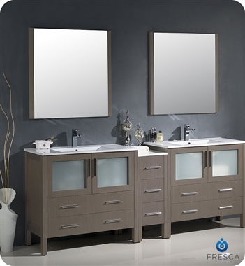 Fresca Torino 84" Gray Oak Modern Double Sink Bathroom Vanity with Side Cabinet and Integrated Sinks