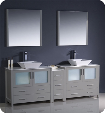 Fresca Torino 84" Grey Modern Double Sink Bathroom Vanity with Side Cabinet and Vessel Sinks