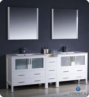 Fresca Torino 84" White Modern Double Sink Bathroom Vanity w/ Side Cabinet & Integrated Sinks