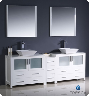 Fresca Torino 84" White Modern Double Sink Bathroom Vanity w/ Side Cabinet & Vessel Sinks