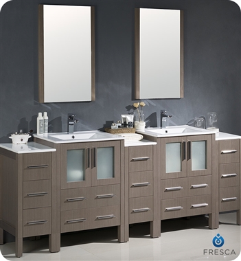 Fresca Torino 84" Gray Oak Modern Double Sink Bathroom Vanity with 3 Side Cabinets and Integrated Sinks