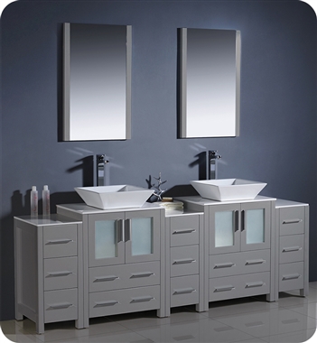 Fresca Torino 84" Grey Modern Double Sink Bathroom Vanity with 3 Side Cabinets and Vessel Sinks