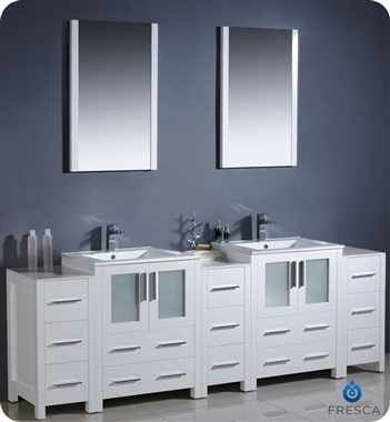 Fresca Torino 84" White Modern Double Sink Bathroom Vanity w/ 3 Side Cabinets & Integrated Sinks