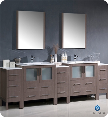 Fresca Torino 96" Gray Oak Modern Double Sink Bathroom Vanity with 3 Side Cabinets and Integrated Sinks