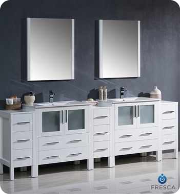 Fresca Torino 96" White Modern Double Sink Bathroom Vanity with 3 Side Cabinets and Integrated Sinks