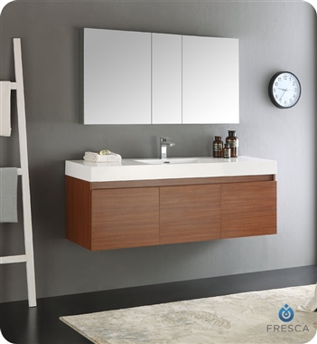 Fresca Mezzo 60" Teak Wall Hung Single Sink Modern Bathroom Vanity with Medicine Cabinet