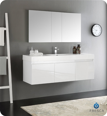 Fresca Mezzo 60" White Wall Hung Single Sink Modern Bathroom Vanity with Medicine Cabinet