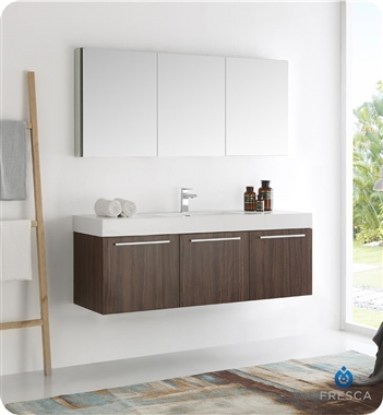 Fresca Vista 60" Walnut Wall Hung Single Sink Modern Bathroom Vanity with Medicine Cabinet