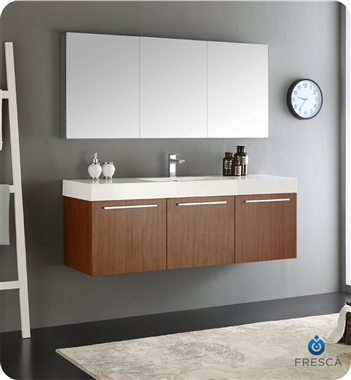 Fresca Vista 60" Teak Wall Hung Single Sink Modern Bathroom Vanity with Medicine Cabinet