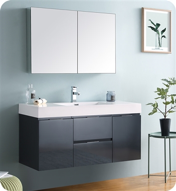 Fresca Valencia 48" Dark Slate Gray Wall Hung Modern Bathroom Vanity with Medicine Cabinet