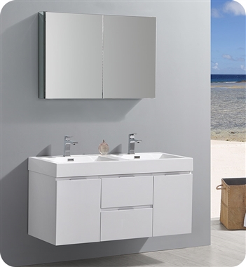 Fresca Valencia 48" Glossy White Wall Hung Double Sink Modern Bathroom Vanity with Medicine Cabinet