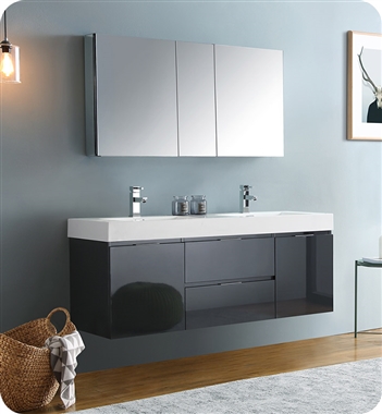 Fresca Valencia 60" Dark Slate Gray Wall Hung Double Sink Modern Bathroom Vanity with Medicine Cabinet