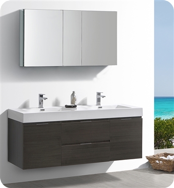 Fresca Valencia 60" Gray Oak Wall Hung Double Sink Modern Bathroom Vanity with Medicine Cabinet