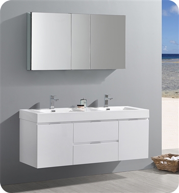 Fresca Valencia 60" Glossy White Wall Hung Double Sink Modern Bathroom Vanity with Medicine Cabinet