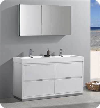 Fresca Valencia 60" Glossy White Free Standing Double Sink Modern Bathroom Vanity with Medicine Cabinet