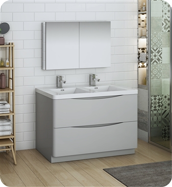 Fresca Tuscany 48" Glossy Gray Free Standing Double Sink Modern Bathroom Vanity with Medicine Cabinet