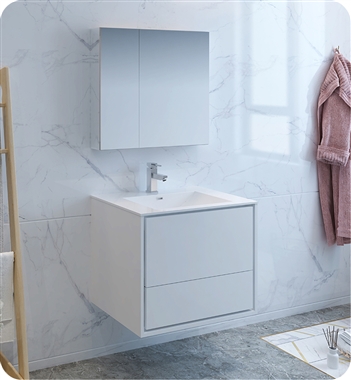 Fresca Catania 30" Glossy White Wall Hung Modern Bathroom Vanity with Medicine Cabinet