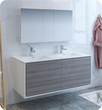 Fresca Catania 60" Ash Gray Wall Hung Double Sink Modern Bathroom Vanity with Medicine Cabinet