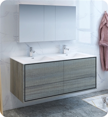 Fresca Catania 60" Ocean Gray Wall Hung Double Sink Modern Bathroom Vanity with Medicine Cabinet