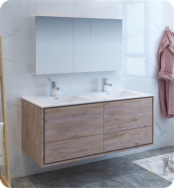 Fresca Catania 60" Rustic Natural Wood Wall Hung Double Sink Modern Bathroom Vanity with Medicine Cabinet