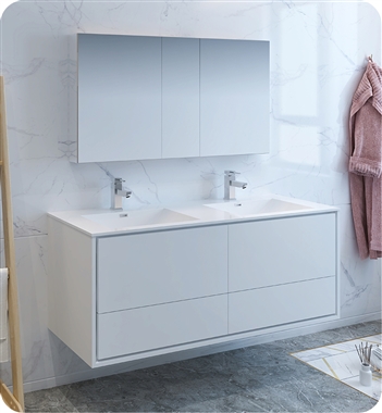 Fresca Catania 60" Glossy White Wall Hung Double Sink Modern Bathroom Vanity with Medicine Cabinet