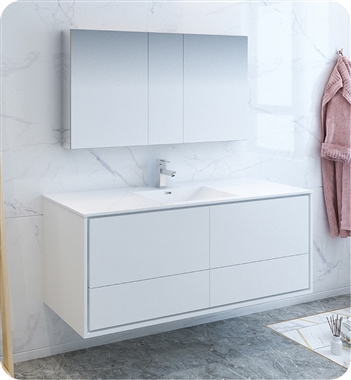 Fresca Catania 60" Glossy White Wall Hung Single Sink Modern Bathroom Vanity with Medicine Cabinet