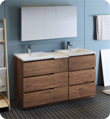 Fresca Lazzaro 60" Rosewood Free Standing Double Sink Modern Bathroom Vanity with Medicine Cabinet