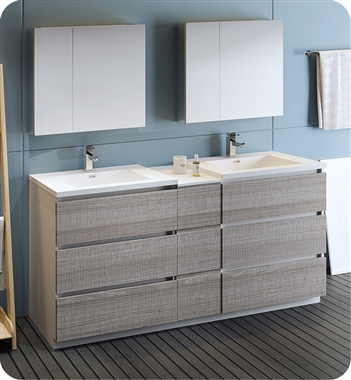 Fresca Lazzaro 72" Ash Gray Free Standing Double Sink Modern Bathroom Vanity with Medicine Cabinet