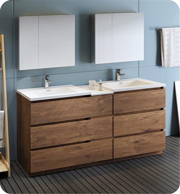 Fresca Lazzaro 72" Rosewood Free Standing Double Sink Modern Bathroom Vanity with Medicine Cabinet