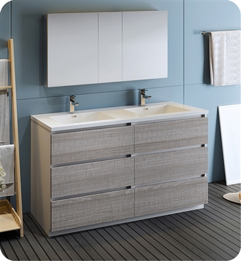 Fresca Lazzaro 60" Ash Gray Free Standing Double Sink Modern Bathroom Vanity with Medicine Cabinet