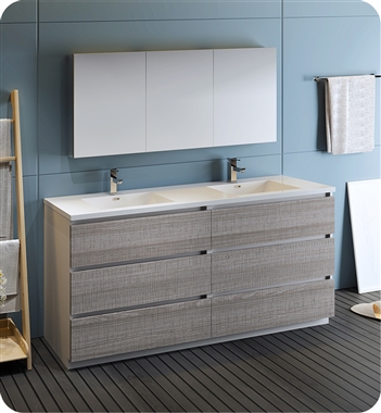 Fresca Lazzaro 72" Ash Gray Free Standing Double Sink Modern Bathroom Vanity with Medicine Cabinet