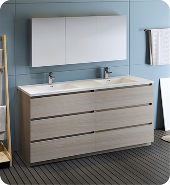 Fresca Lazzaro 72" Gray Wood Free Standing Double Sink Modern Bathroom Vanity with Medicine Cabinet