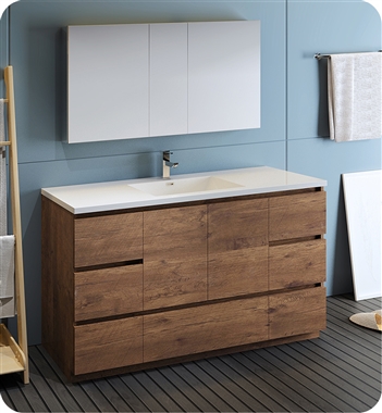 Fresca Lazzaro 60" Rosewood Free Standing Single Sink Modern Bathroom Vanity with Medicine Cabinet