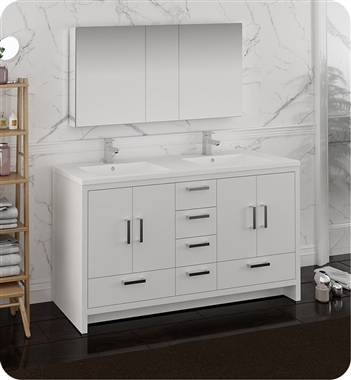 Fresca Imperia 60" Glossy White Free Standing Double Sink Modern Bathroom Vanity with Medicine Cabinet